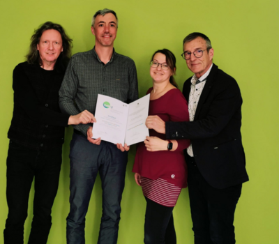 (v. l.) Bodo Lüddemann (Lehrkraft für Gitarre, Drums), Teamleiter Klaus Heinze (Lehrkraft für Gitarre, Ensemble), Mandy Götz (Lehrkraft für Klavier) und Rainer Voß, Leiter Kreismusikschule